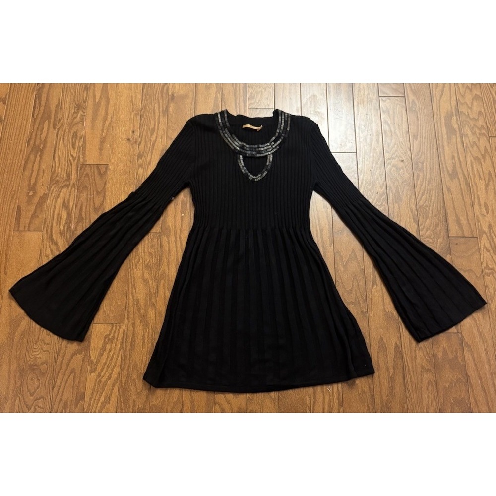 Belladini Black‎ Ribbed Knit Tunic Bell Sleeve Dark Academia Boho Top L